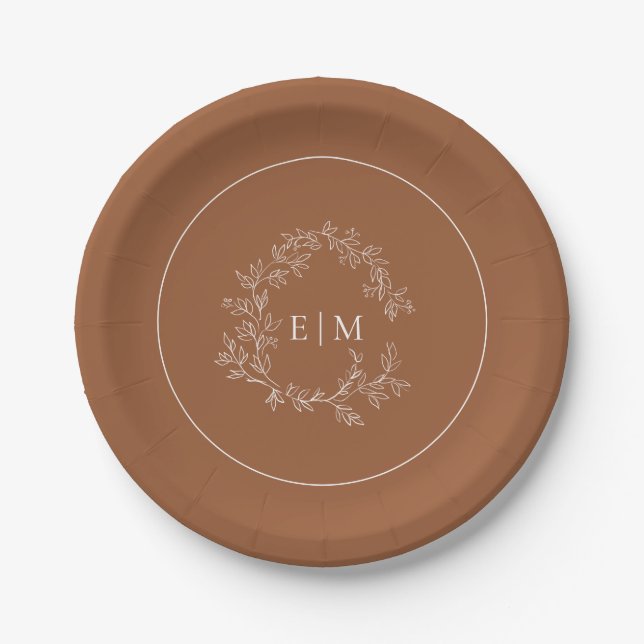 Modern Terracotta Leafy Crest Monogram Wedding Paper Plate (Front)