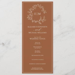 Modern Terracotta Leafy Crest Monogram Wedding Program