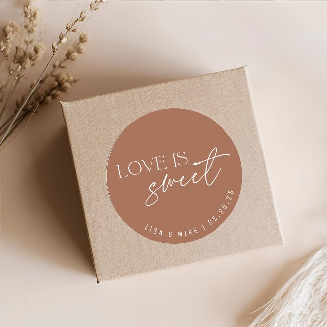 Modern Terracotta Love is Sweet Wedding Favour Classic Round Sticker (Creator Uploaded)