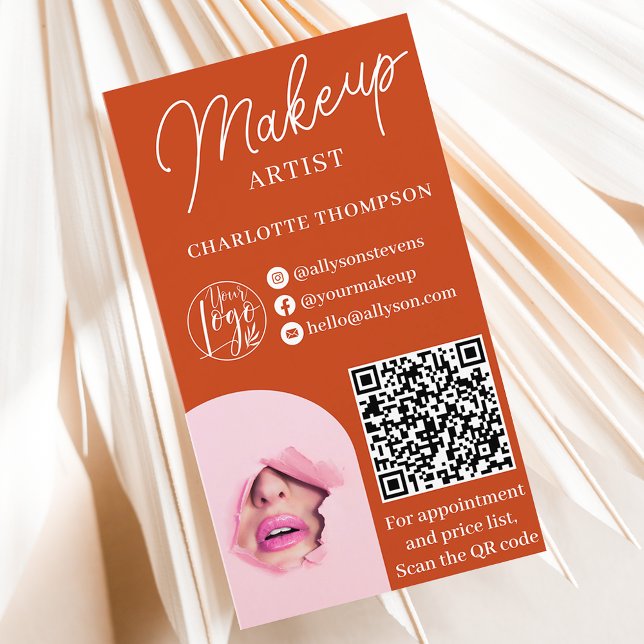 Modern terracotta makeup logo Qr code 2 photos Business Card (Modern terracotta makeup logo Qr code 2 photos Business Card)