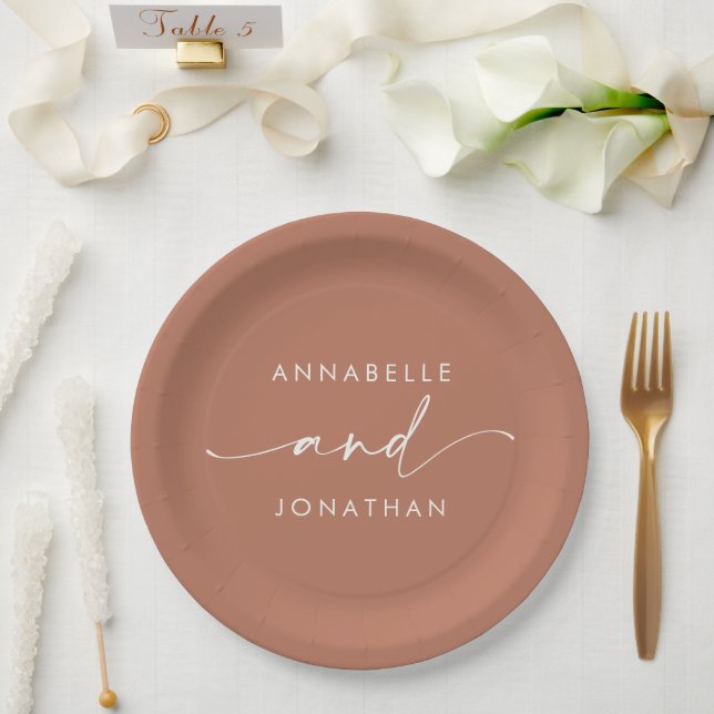 Modern terracotta minimal elegant script wedding paper plate (Wedding)