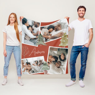 Modern Terracotta Multiphoto Christmas Pine Tree Fleece Blanket