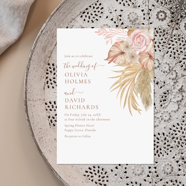 Modern Terracotta Pampas Grass Floral Wedding  Invitation (Modern Beige Pampas Grass Floral Wedding Invitation on a neutral boho plate.)