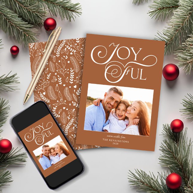 Modern Terracotta Pattern Joyful Holiday Photo (Modern Terracotta Pattern Joyful Holiday Photo Christmas Card)