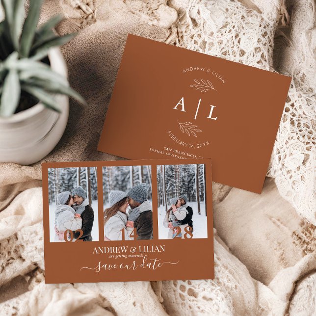 Modern Terracotta Photo Collage Monogram Wedding Save The Date (Creator Uploaded)