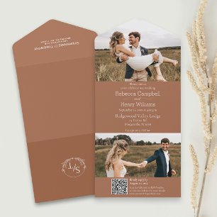 Modern Terracotta Photo Monogram QR Code All In One Invitation