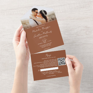 Modern Terracotta Photo QR Code Rsvp Wedding All In One Invitation