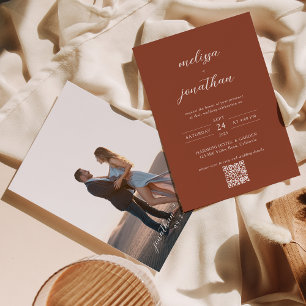 Modern Terracotta Photo Script QR Code Wedding Invitation