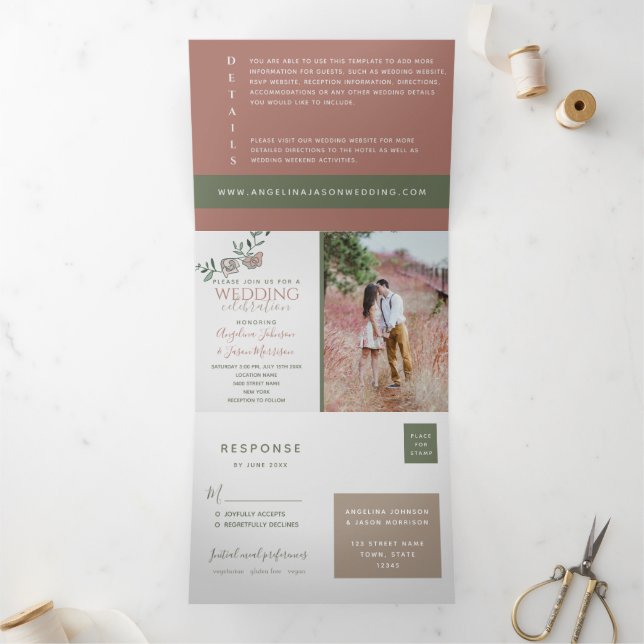 Modern Terracotta Photo Wedding Tri-Fold Invitation (Inside)
