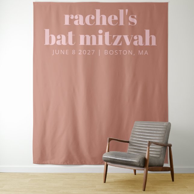 Modern Terracotta Pink Bat Mitzvah Photo Backdrop Tapestry (In Situ)