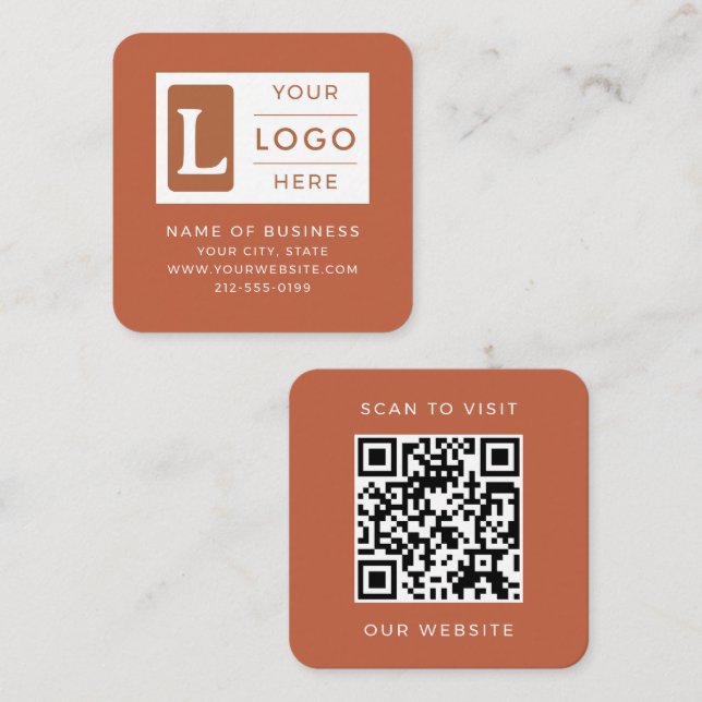 Modern Terracotta QR Code Minimalist Custom Logo Square Business Card (Front/Back)