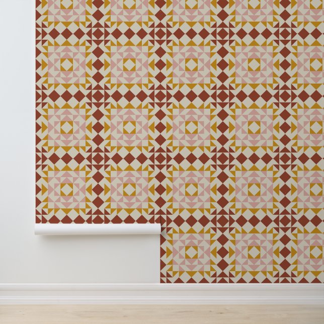 Modern Terracotta Quilt Block Geometric Pattern Wallpaper (Application)