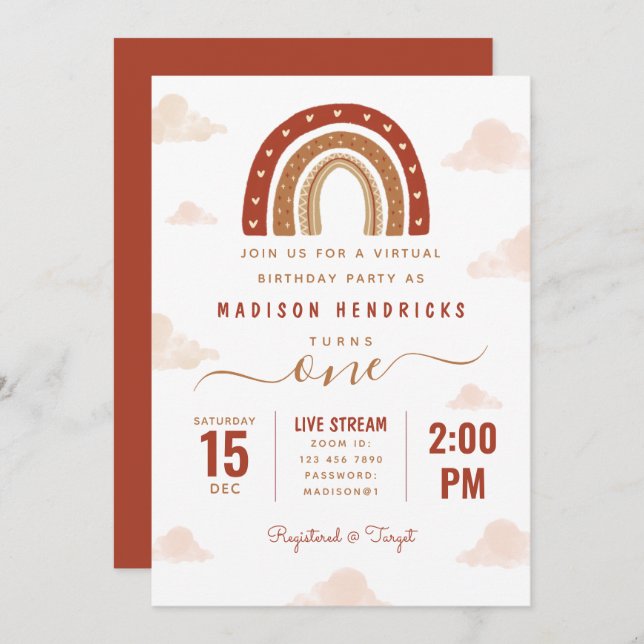 Modern Terracotta Rainbow Boho Virtual Birthday Invitation (Front/Back)