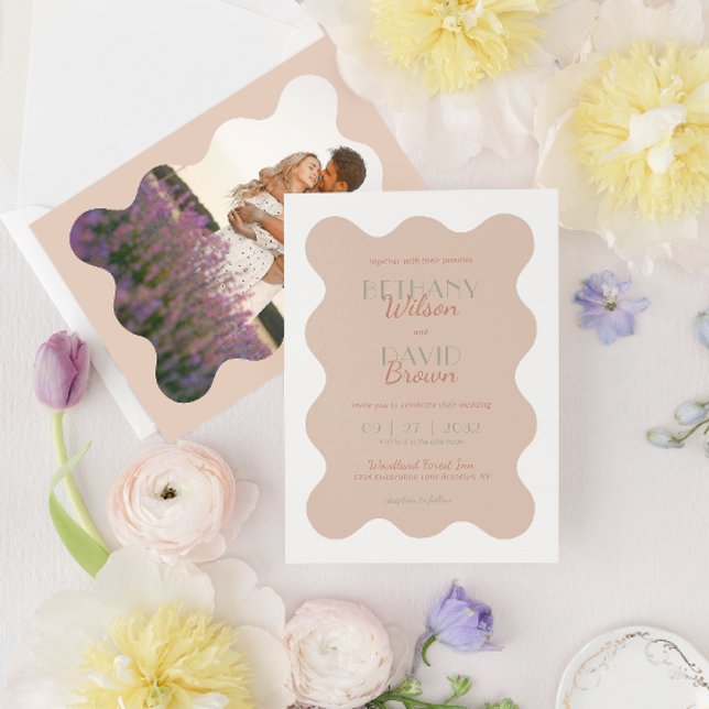 Modern Terracotta & Sage Green Wave Photo Wedding Invitation (Creator Uploaded)