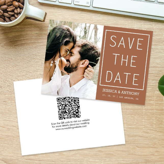 Modern Terracotta Save The Date Photo QR Code Invitation (The QR code makes it easy for guests to visit your website for more details about your wedding.)
