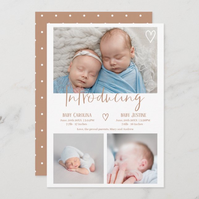 Modern terracotta script 3 photo baby twins birth announcement (Front/Back)
