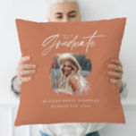 Modern terracotta script photo elegant graduation cushion<br><div class="desc">Modern minimal terracotta script photo elegant graduation announcement party gift. Part of a modern collection.</div>