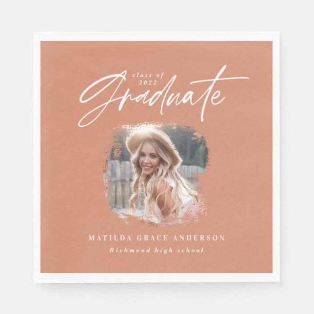 Modern terracotta script photo elegant graduation napkin (Front)