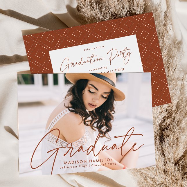 Modern Terracotta Script Photo Graduation Party Invitation (Creator Uploaded)