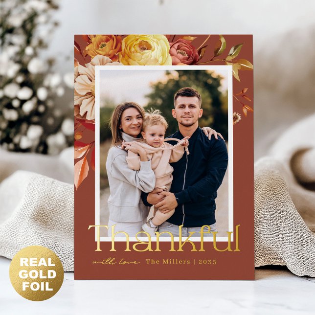 Modern Terracotta Thankful Gold Foil Autumn Floral Foil Holiday Card (Creator Uploaded)
