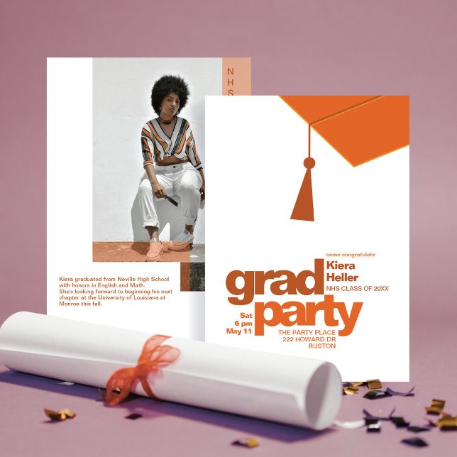 Modern Terracotta Typography Grad Party Photo Invitation (Creator Uploaded)