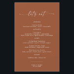 Modern Terracotta Wedding Dinner Menu Let's Eat<br><div class="desc">This beautiful Wedding Menu features handwritten calligraphy with a minimalist modern layout - a perfect accent for your wedding or special event. Use this menu for any occasion whether it be your wedding, bridal or baby shower, engagement party, retirement party... whatever you'd like! Easily edit *most* wording to fit your...</div>