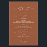 Modern Terracotta Wedding Dinner Menu Let's Eat<br><div class="desc">This beautiful Wedding Menu features handwritten calligraphy with a minimalist modern layout - a perfect accent for your wedding or special event. Use this menu for any occasion whether it be your wedding, bridal or baby shower, engagement party, retirement party... whatever you'd like! Easily edit *most* wording to fit your...</div>