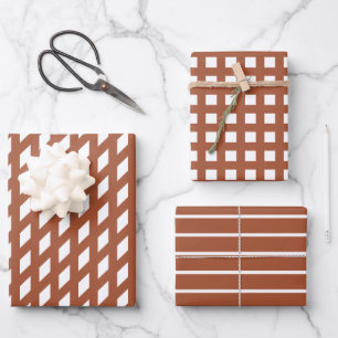 Modern terracotta white stripes plaid grid pattern wrapping paper sheet