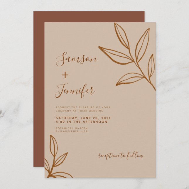Modern Terracotta with Leaves Boho Wedding Invitation (Front/Back)