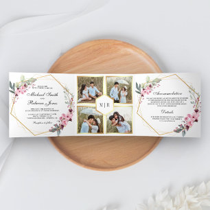 Modern Terrarium Pink Floral Photo Collage Wedding Tri-Fold Invitation