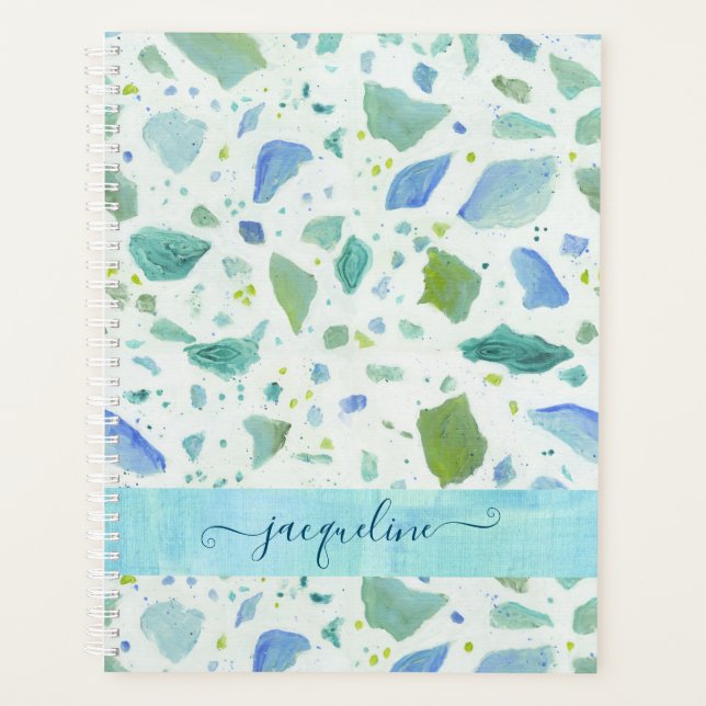 Modern Terrazzo Beach Blue Aqua Green Pattern Planner (Front)