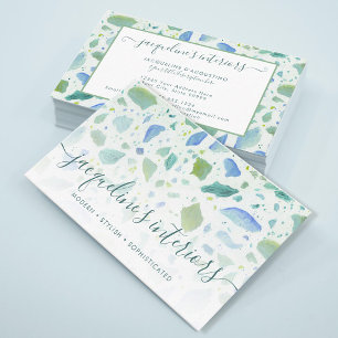 Modern Terrazzo Pattern Script Aqua Blue Green Business Card