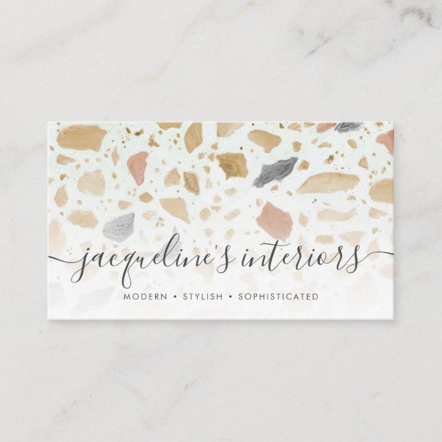 Modern Terrazzo Pattern Script Tan Rust Grey Retro Business Card (Front)