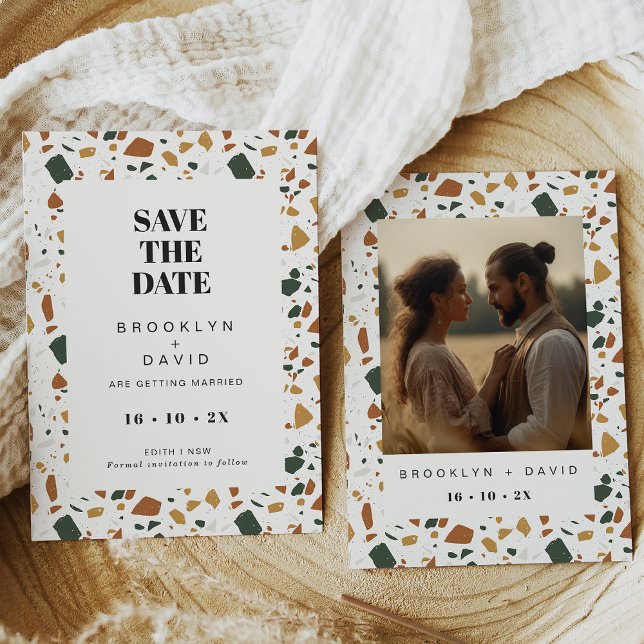 Modern Terrazzo Photo Save The Date Card (Terrazzo wedding save the date card with terracotta flecks and the couple photo on the back.)