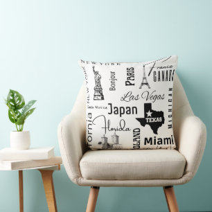 Modern text black and white image famouse cities cushion