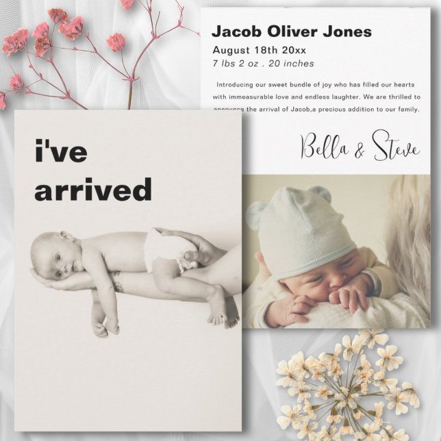 Modern Text I've Arrived Photo Baby Announcement (Creator Uploaded)