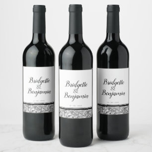 Modern Text Silver and Black Wedding Wine Label