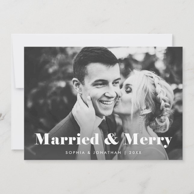 Modern Text with Two Photos | Married and Merry Holiday Card (Front)