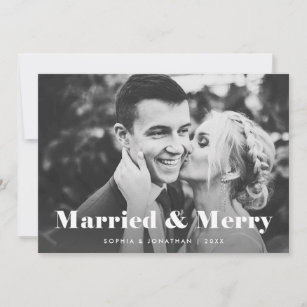 Modern Text with Two Photos   Married and Merry Holiday Card