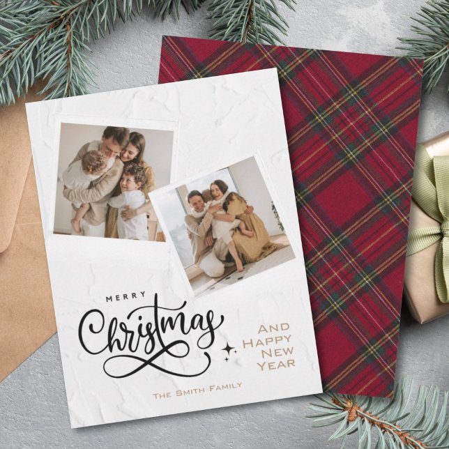 Modern Textured Merry Christmas Red Plaid Photo Holiday Card (Creator Uploaded)
