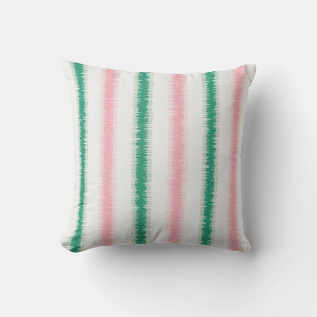 Modern textured pink green ikat stripes patten cushion (Front)