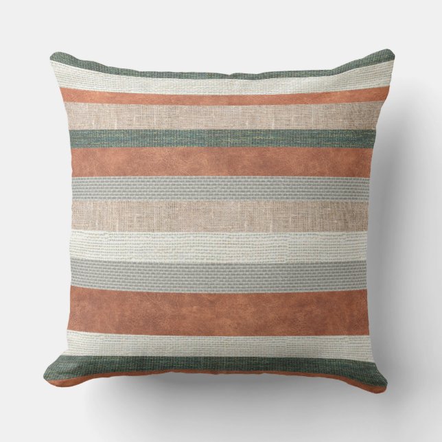 Modern Textured Stripes Of Fabric And Leather Cushion (Front)