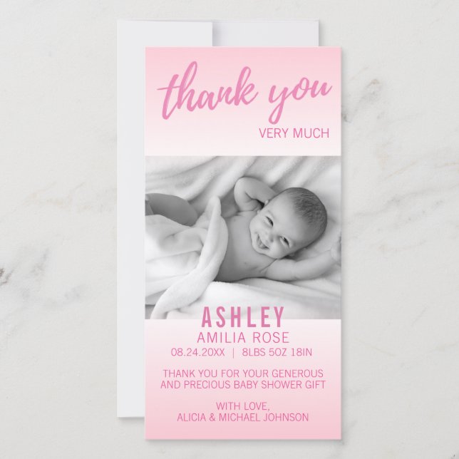 Modern Thank You Baby Shower Girl Pink | Add PHOTO (Front)