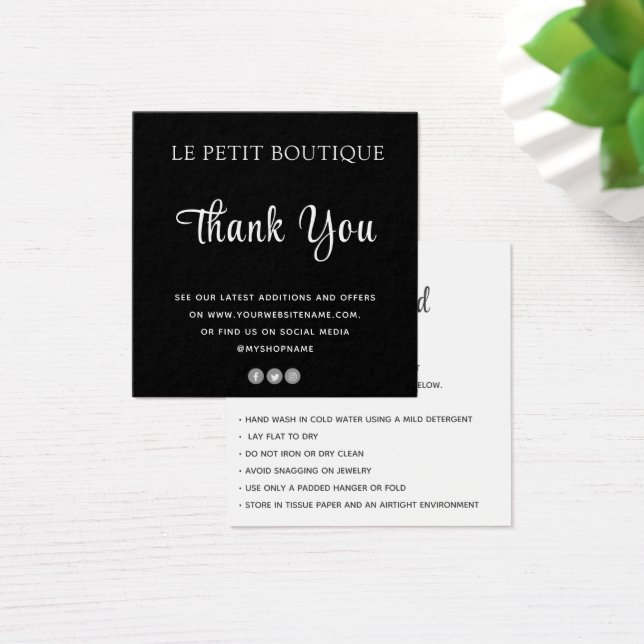 Modern Thank You Black White Clothing Care Card  (Desk)