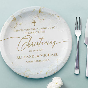 Modern Thank You Blue Gold Cross Boy Christening Paper Plate