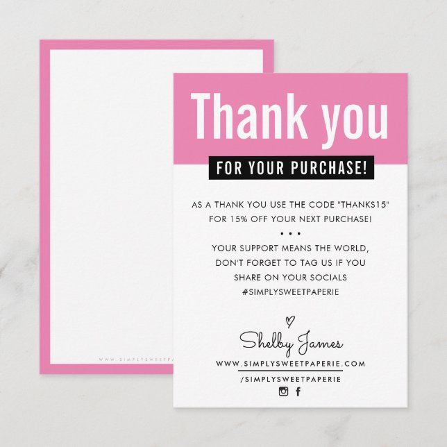 MODERN THANK YOU customer purchase insert pink Card (Front/Back)