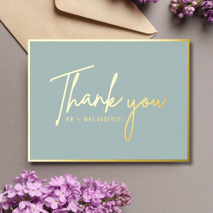 Modern Thank You Handwritten Script Dusty Blue Foil Holiday Postcard