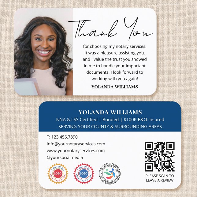 Modern Thank You Notary Public Photo QR Code Blue Business Card (Creator Uploaded)