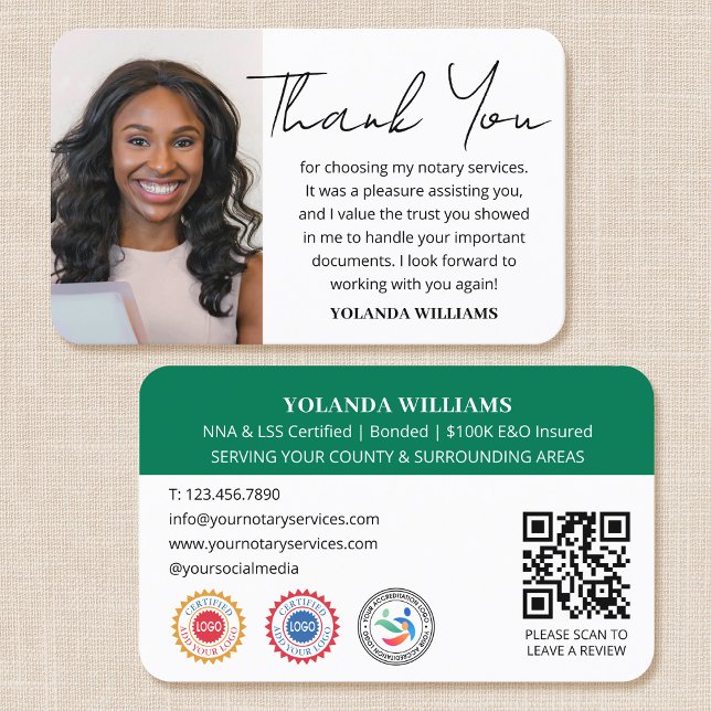 Modern Thank You Notary Public Photo QR Code Green Business Card (Creator Uploaded)