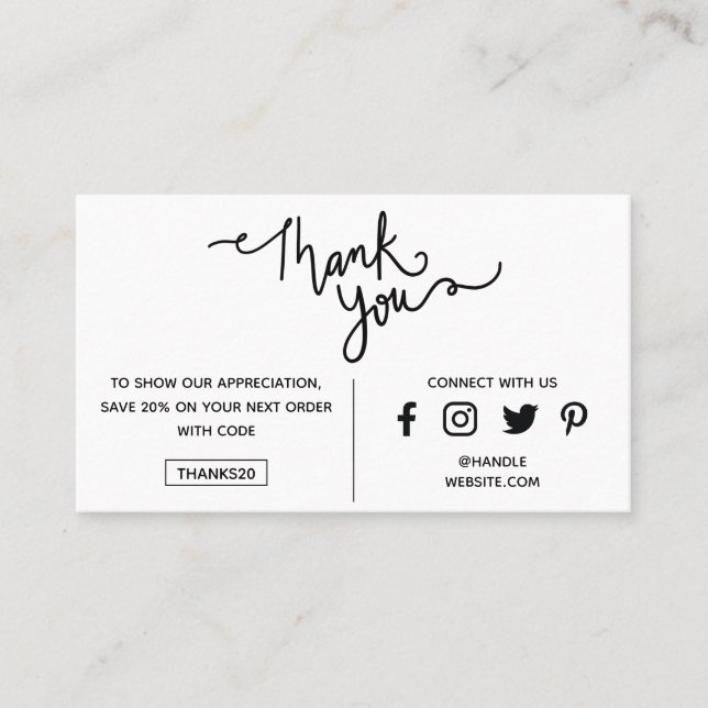 Modern Thank You Promo Code Social Media Logo Business Card (Front)